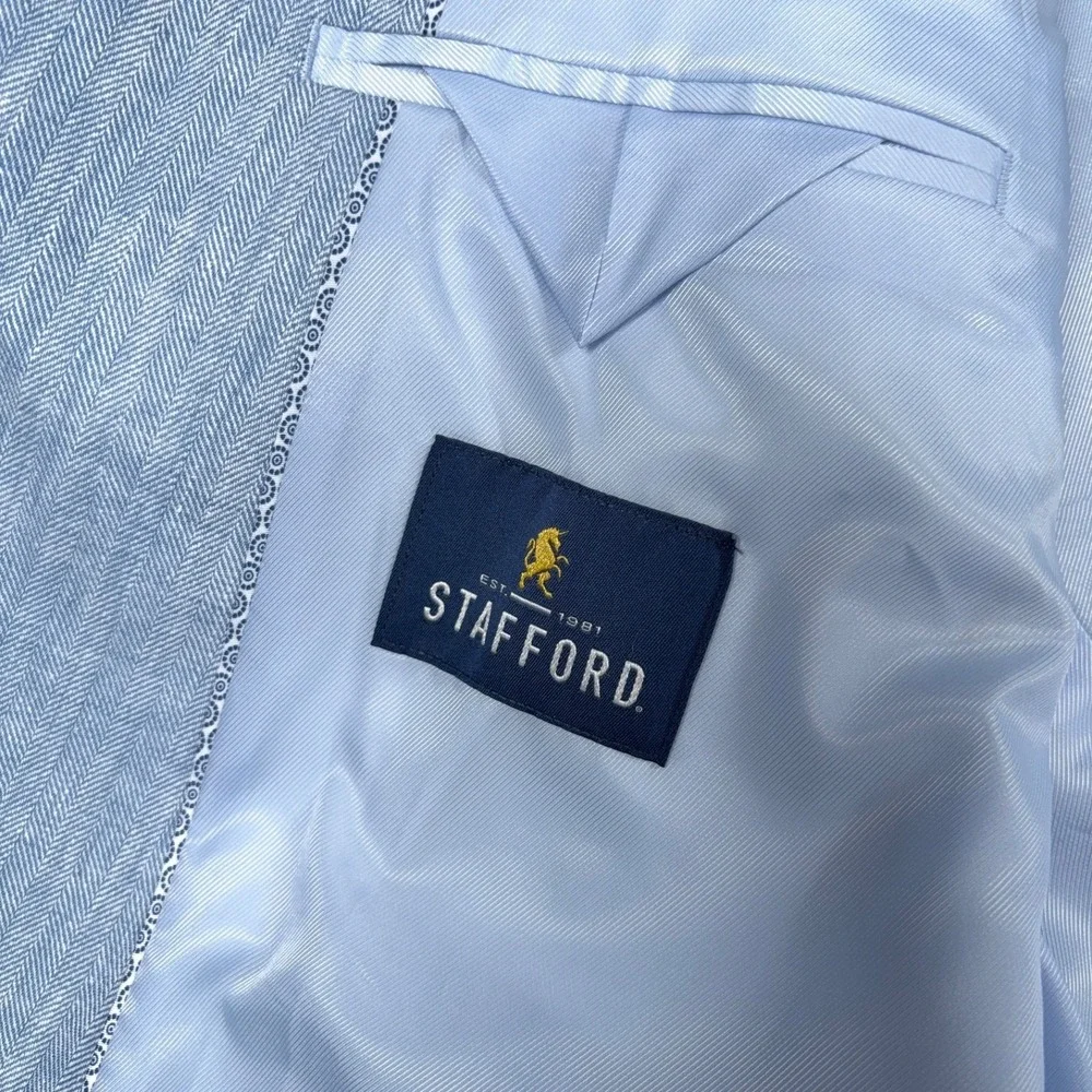 Stafford Linen & Cotton Blazer Mens Size 54L Blue Herringbone Double Vented